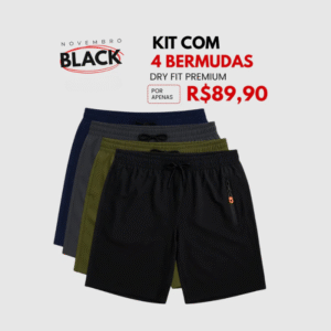 Kit 4 Bermudas DryFit Premium Evolut Performance - Secagem rápida, Bolso com Zíper e Ajuste Anatômico | BLACK FRIDAY | FRETE GRÁTIS
