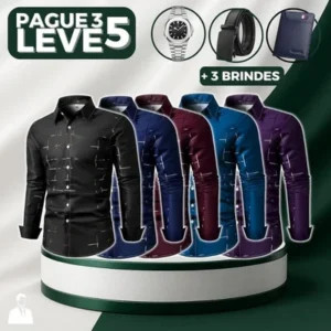 PAGUE 3 LEVE 5 - Camisa Manga Longa Casual European em Seda Gelo e Poliéster + BRINDES: Cinto, Carteira e Relógio